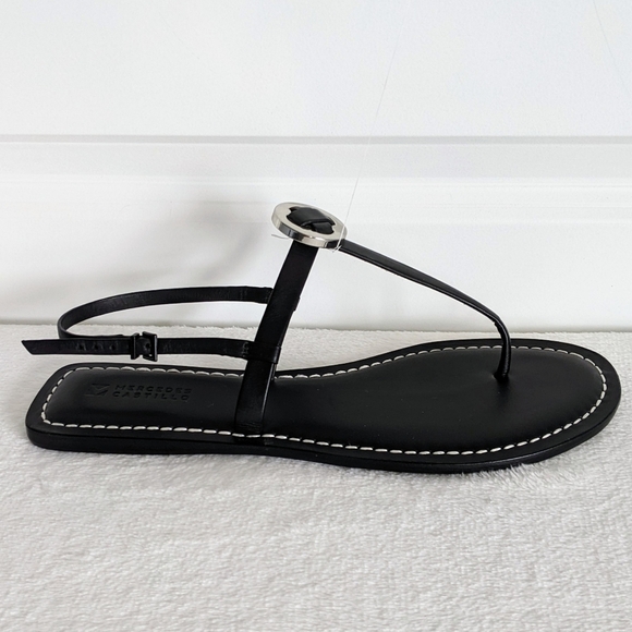 Mercedes Castillo Leather T-Strap Thong Sandal Flat Black Silver EU40 10 NWOB - Picture 5 of 15